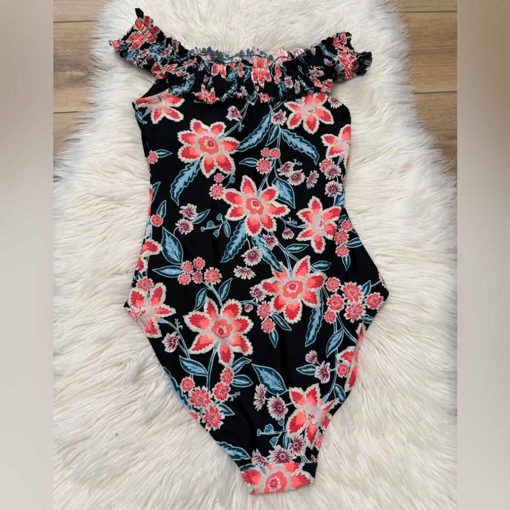Old Navy Black Floral Off-Shoulder One-Piece Swimsuit